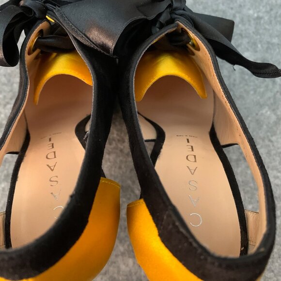 Casadei Black Yellow Suede Satin Lace Up Heels Platform Shoes - Picture 8 of 10